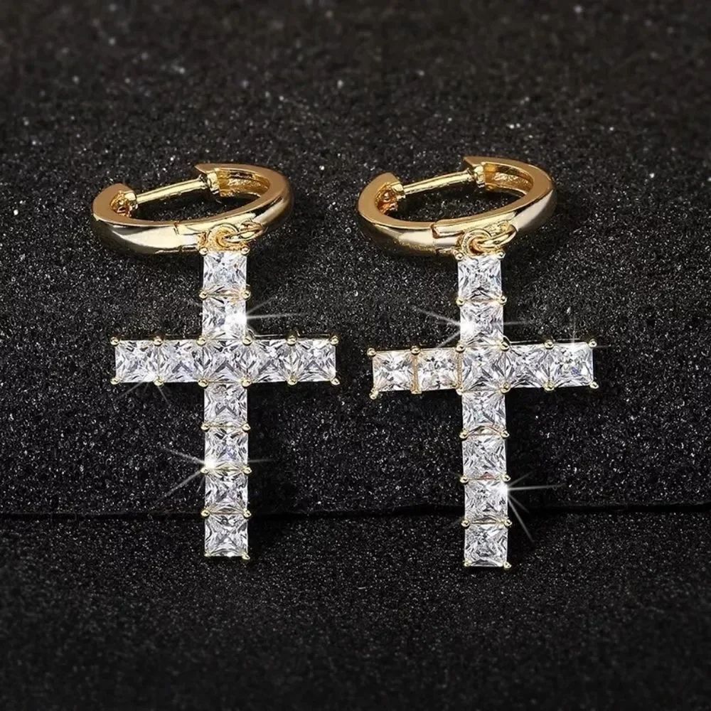 Gold Asscher Cut Cross Earrings